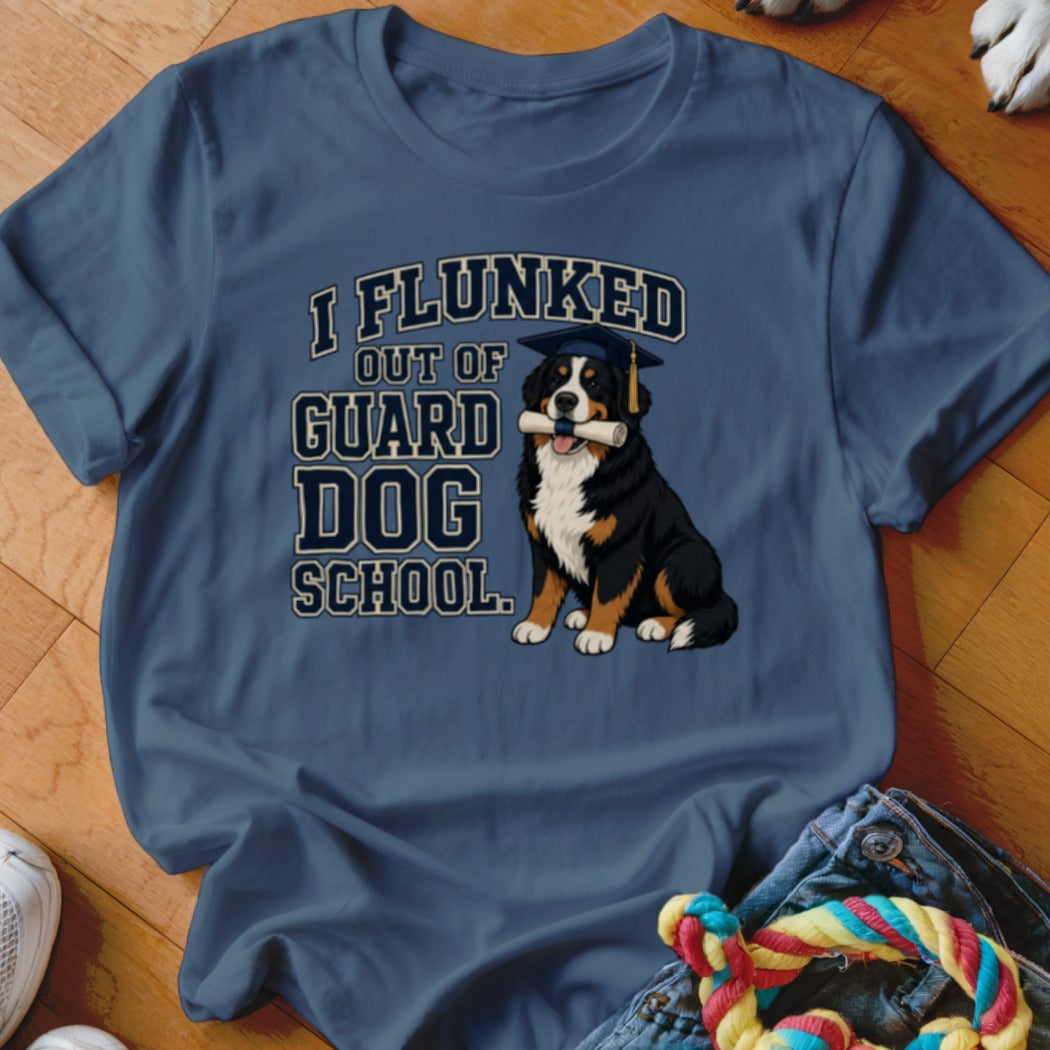 Bernese Mountain Dog in graduation cap holding diploma, text reads "I Flunked Out of Guard Dog School."