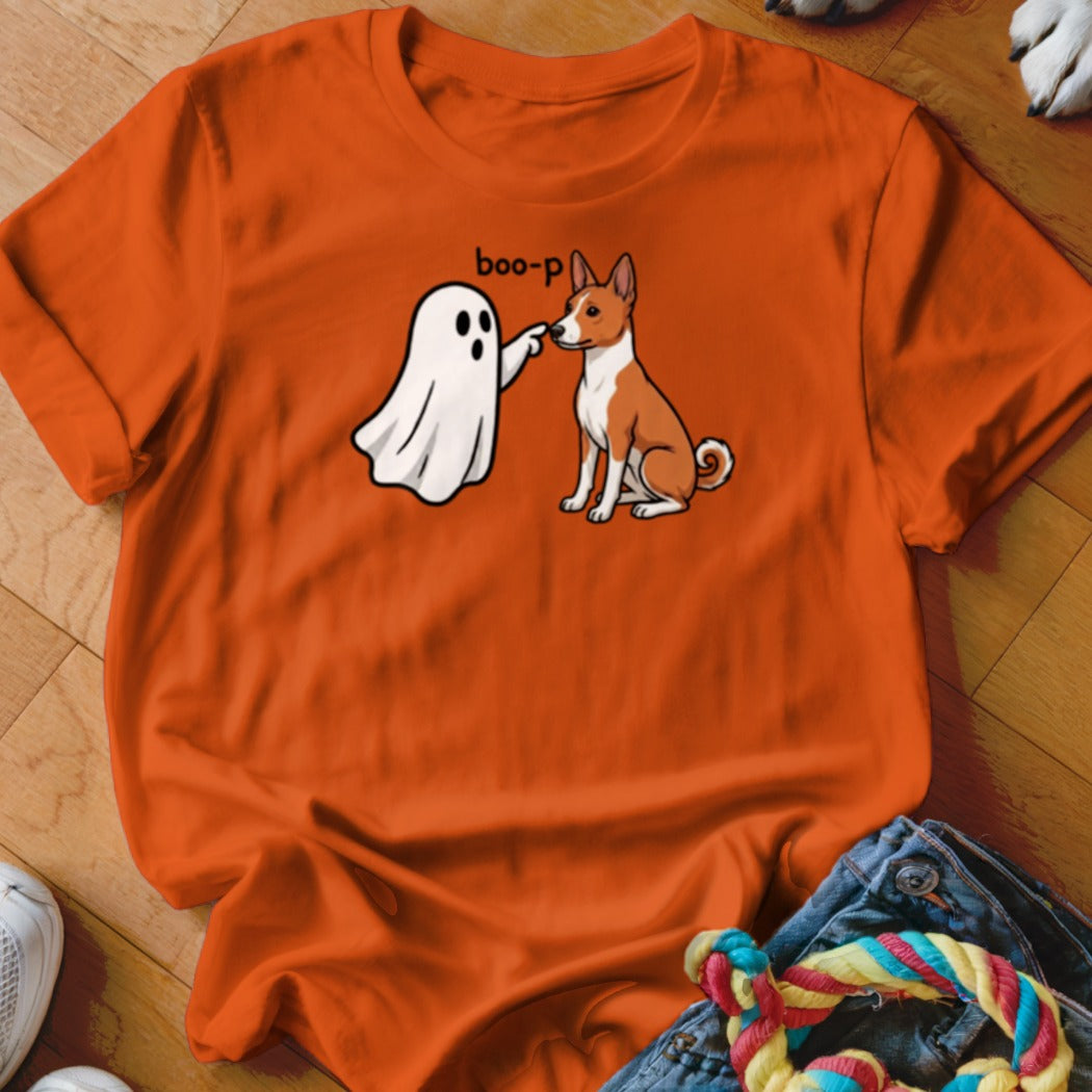 Orange t-shirt with a cartoon ghost touching a dog's nose with text "boo-p".