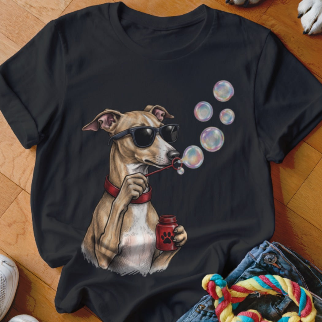 A black t-shirt features a graphic of an Italian Greyhound wearing sunglasses and blowing soap bubbles.