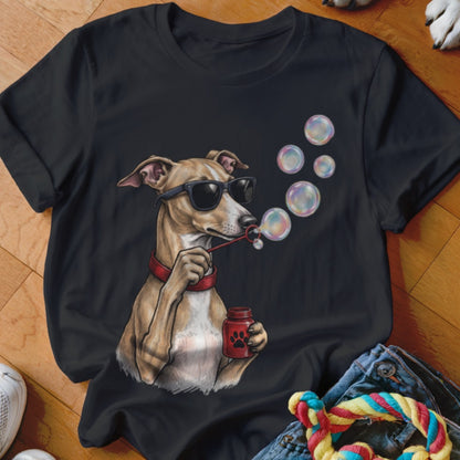 A black t-shirt features a graphic of an Italian Greyhound wearing sunglasses and blowing soap bubbles.