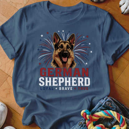 German Shepherd Loyal Brave True t-shirt with patriotic fireworks.