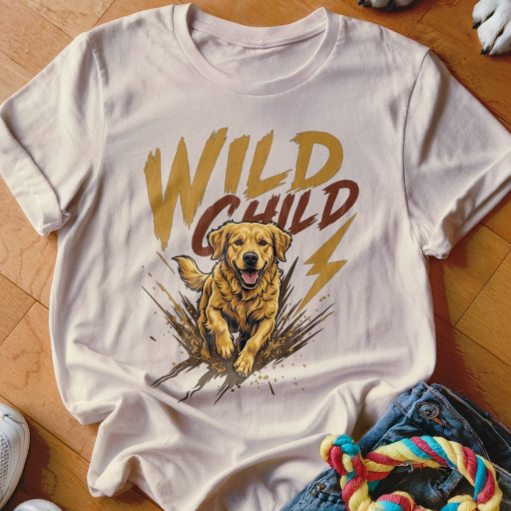 Beige crewneck t-shirt featuring a graphic of a running golden retriever with the text Wild Child.
