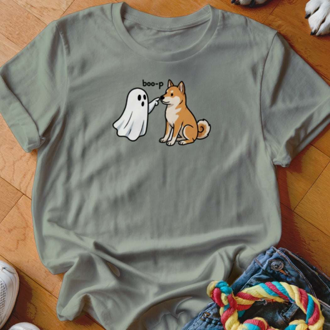 Ghost touching Shiba Inu's nose with "boo-p" text on a light grey t-shirt.