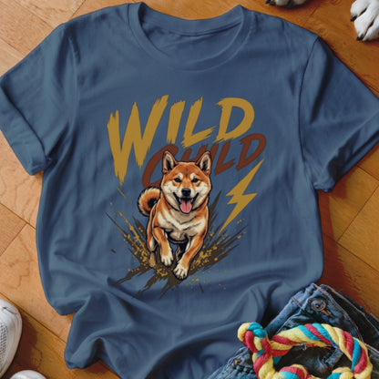 A blue crewneck t-shirt featuring a graphic of a running dog and the text WILD CHILD.