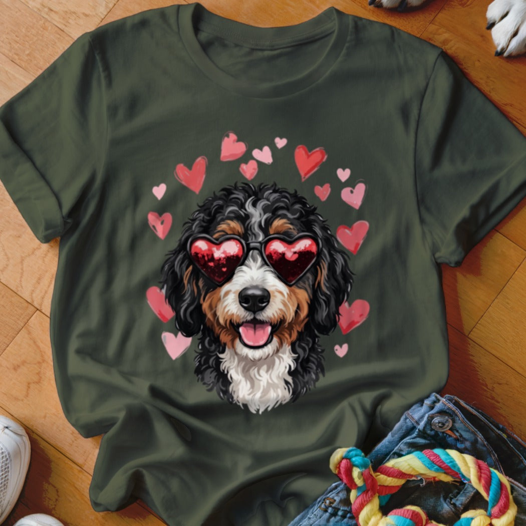 Dark green t-shirt featuring a Bernedoodle wearing heart-shaped sunglasses surrounded by floating pink and red hearts.