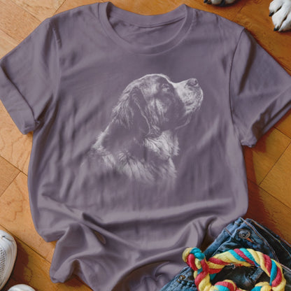 Purple t-shirt with a grey drawing of a dog's head and chest.