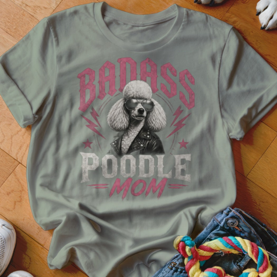 Poodle wearing sunglasses and leather jacket with text "Badass Poodle Mom".