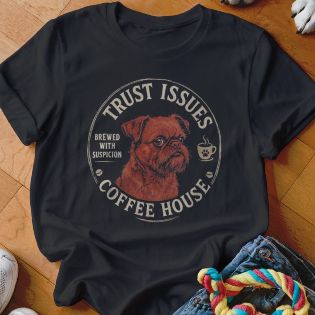 Dark t-shirt with "Trust Issues Coffee House" text and a dog illustration.