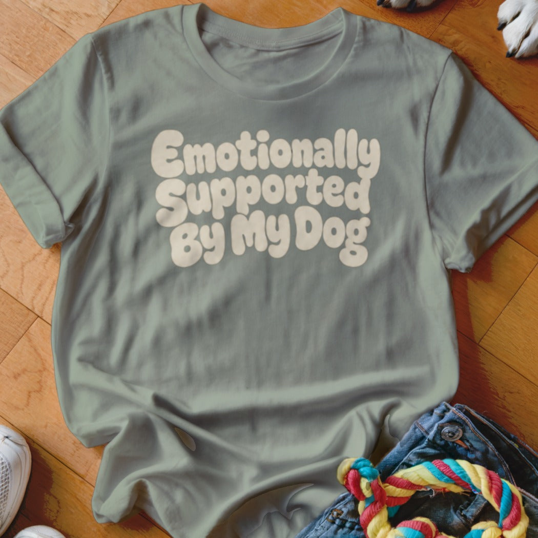 Light grey t-shirt with white text "Emotionally Supported By My Dog."