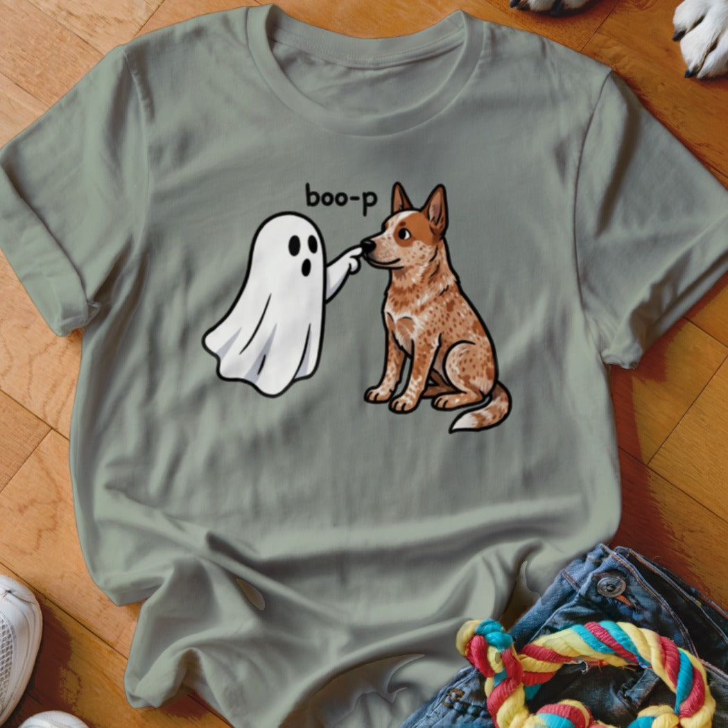 Ghost booping a dog with text "boo-p" on a grey t-shirt.