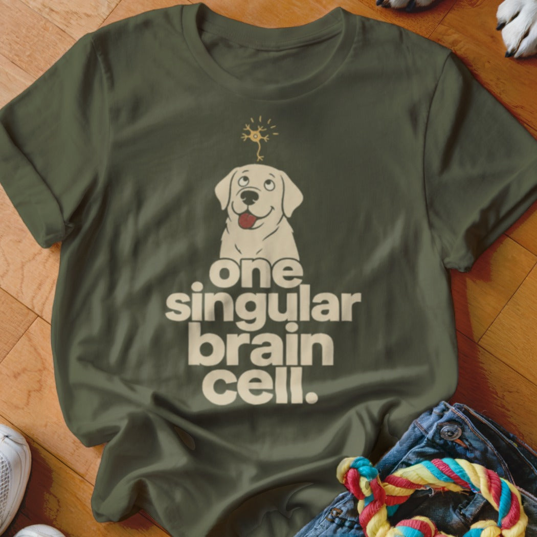 Green t-shirt with a cartoon dog and text: "one singular brain cell."