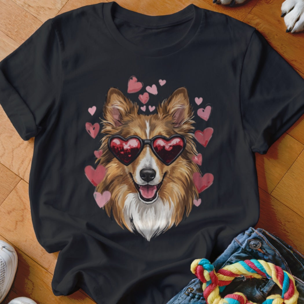Black crewneck t-shirt featuring a graphic of a smiling collie wearing heart-shaped sunglasses surrounded by pink hearts.