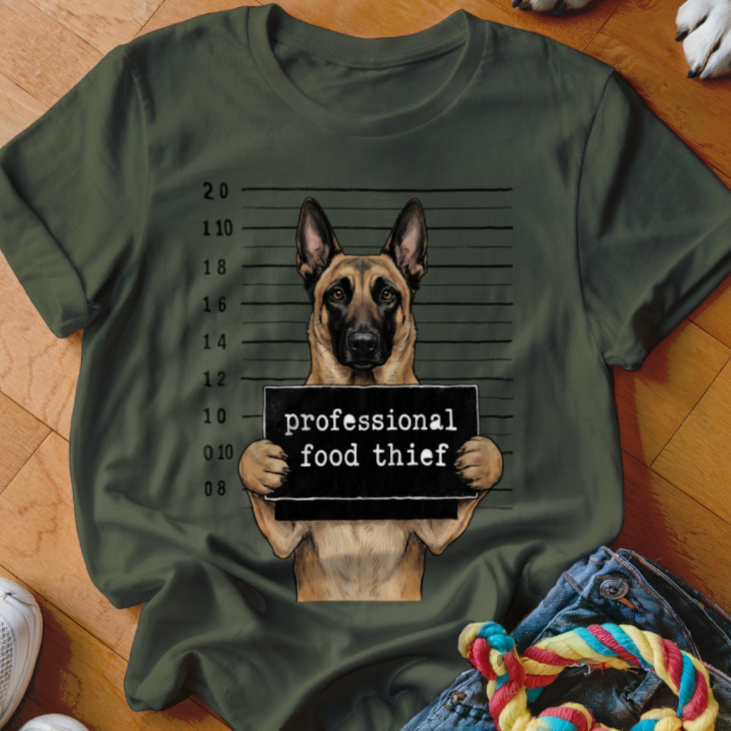 German Shepherd mugshot graphic with text "professional food thief."