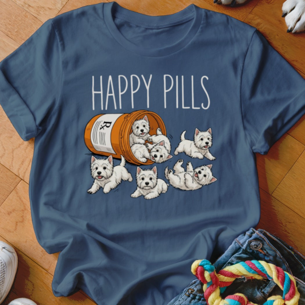 T-shirt with "HAPPY PILLS" text and several cute West Highland White Terrier puppies spilling out of a prescription bottle.