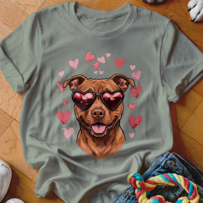 Sage green crewneck t-shirt featuring an illustration of a brown pit bull wearing heart-shaped sunglasses, surrounded by pink hearts.
