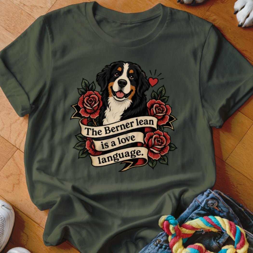Bernese Mountain Dog with roses and text: "The Berner lean is a love language."