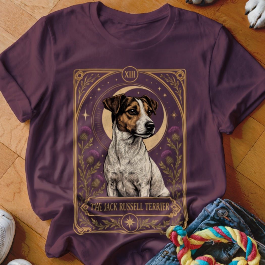 A dark purple t-shirt featuring a tarot card graphic of a Jack Russell Terrier.