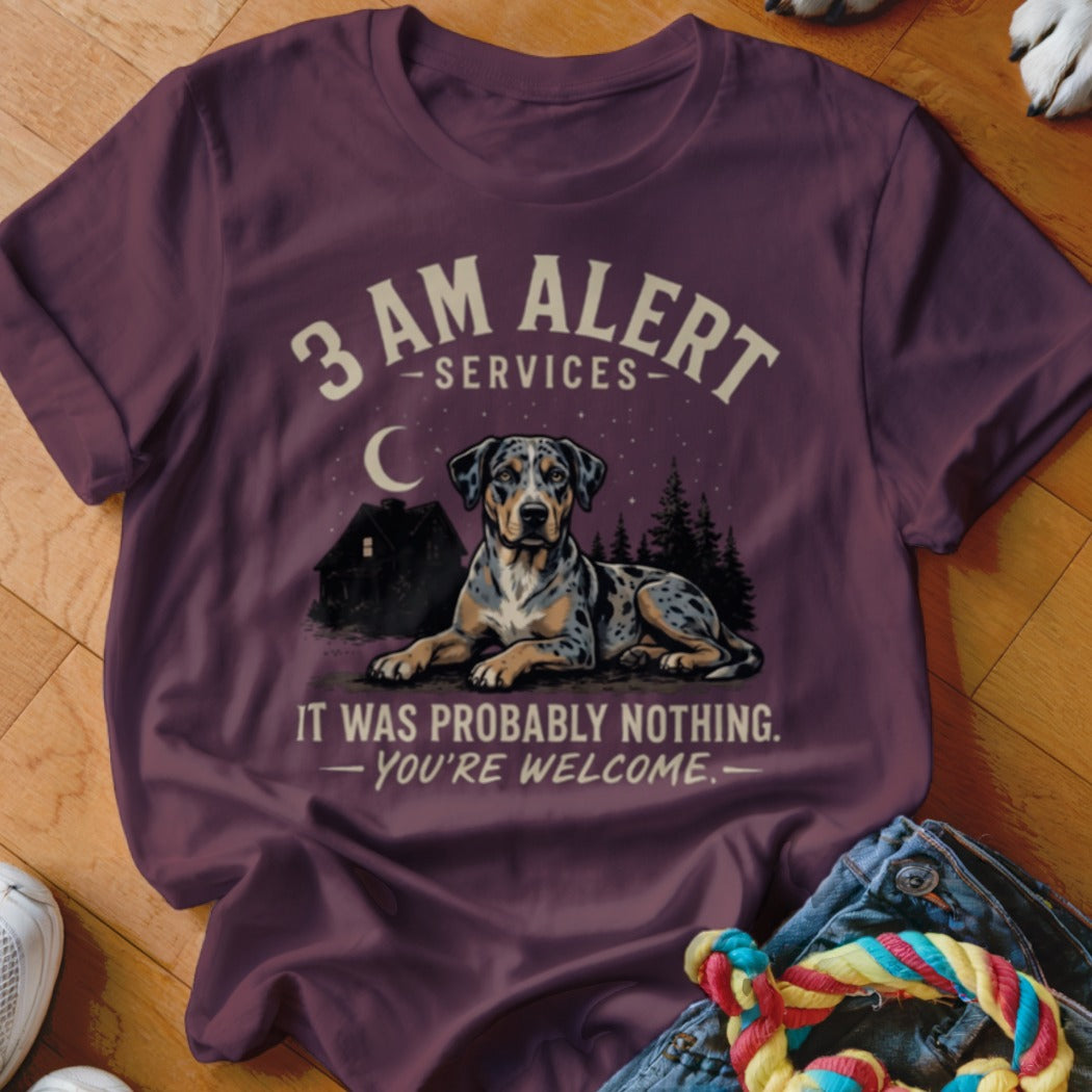 Merle dog lying down in front of house and trees with text "3 AM ALERT SERVICES IT WAS PROBABLY NOTHING. YOU'RE WELCOME."