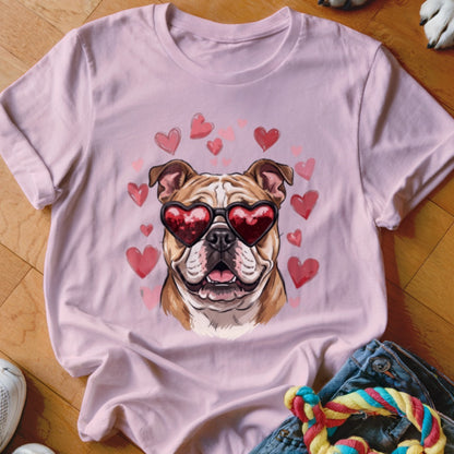 A light pink t-shirt features a graphic of a bulldog wearing heart-shaped sunglasses, surrounded by pink hearts.