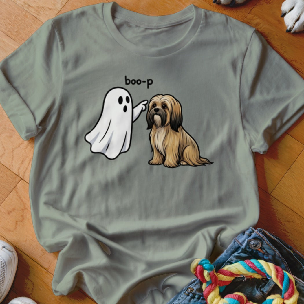Ghost playfully booping a shaggy dog with text "boo-p" on a green t-shirt.