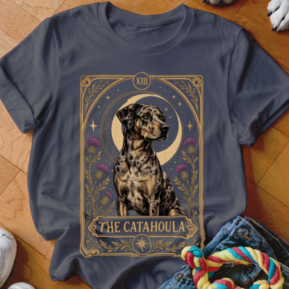 Charcoal gray t-shirt featuring a tarot card graphic of a Catahoula leopard dog with purple flowers and a crescent moon.