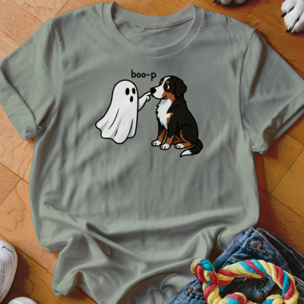 Ghost playfully boops a Bernese Mountain Dog, with "boo-p" text above.
