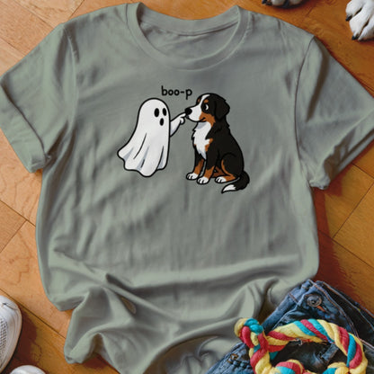 Ghost playfully boops a Bernese Mountain Dog, with "boo-p" text above.