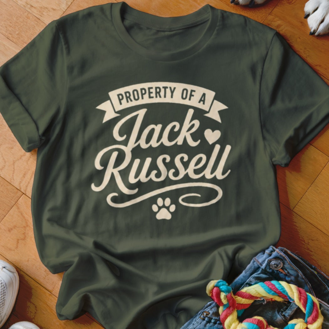 Green t-shirt with "Property of a Jack Russell" text and paw print graphic.