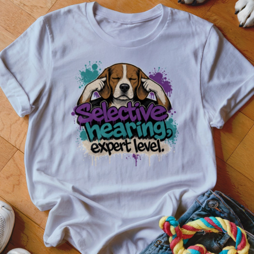 T-shirt graphic with beagle and text "Selective hearing, expert level."