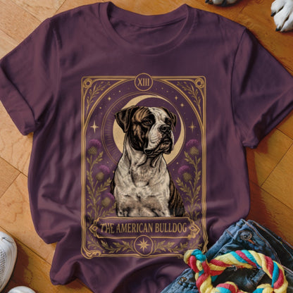 Purple crewneck t-shirt featuring a tarot card style graphic of an American bulldog surrounded by thistles.