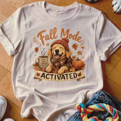 T-shirt graphic of a golden retriever in fall attire with text "Fall Mode ACTIVATED."