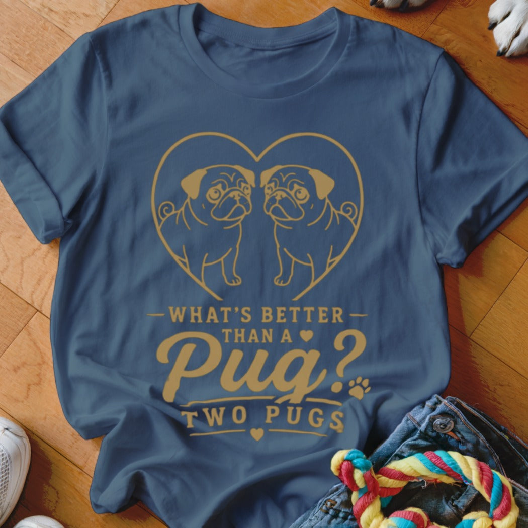 Navy t-shirt with golden pugs in a heart and text "What's Better Than a Pug? Two Pugs."