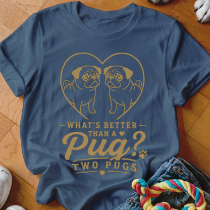 Navy t-shirt with golden pugs in a heart and text "What's Better Than a Pug? Two Pugs."