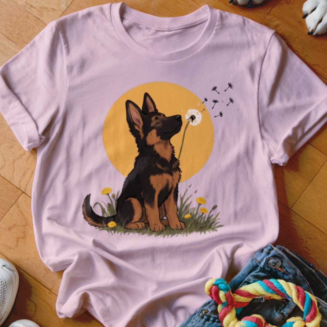 Light pink t-shirt featuring an illustration of a German Shepherd puppy blowing dandelion seeds against a yellow sun.