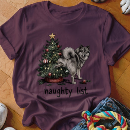 Dog by Christmas tree with "naughty list" text.