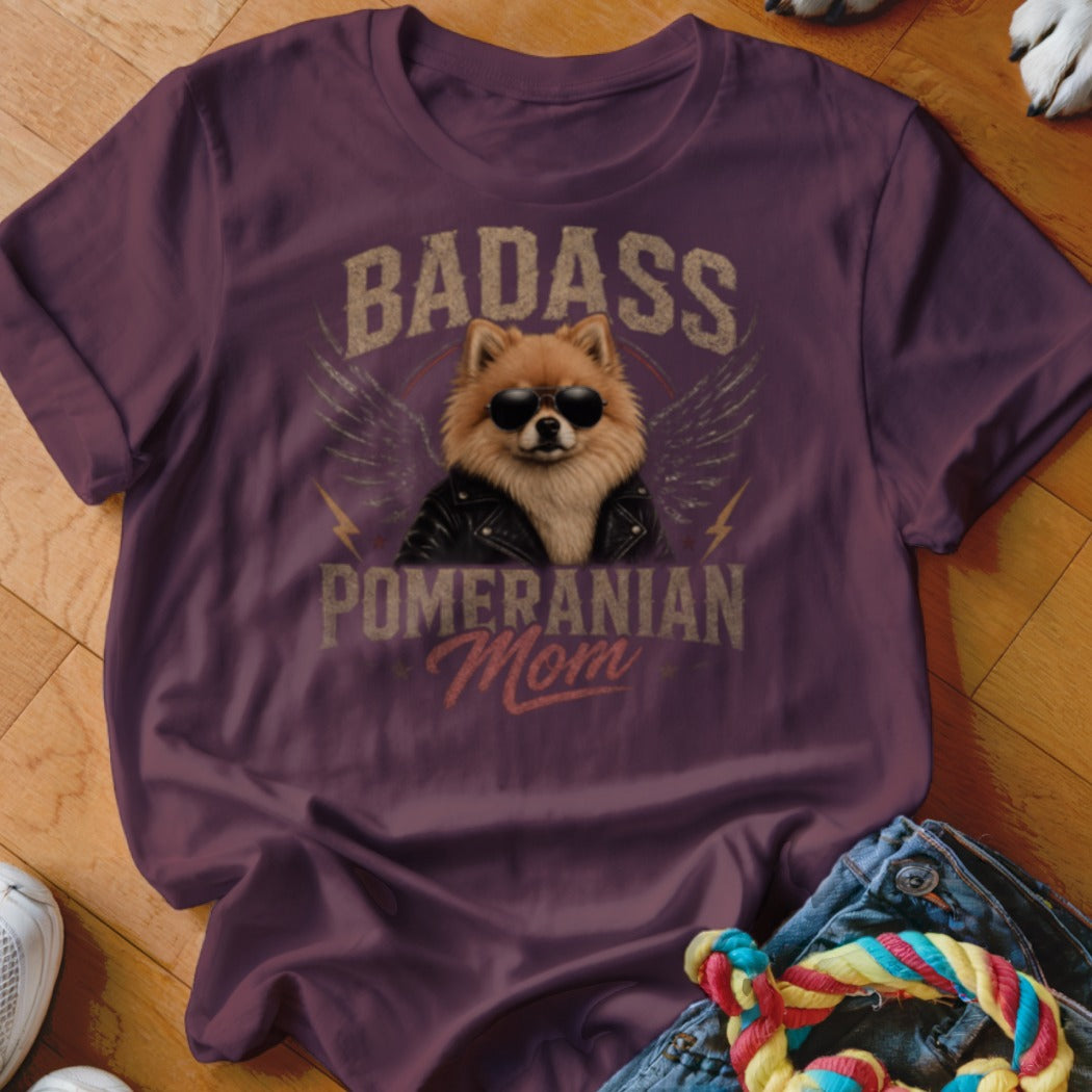 T-shirt with graphic of a Pomeranian wearing sunglasses and a leather jacket, "BADASS POMERANIAN MOM".