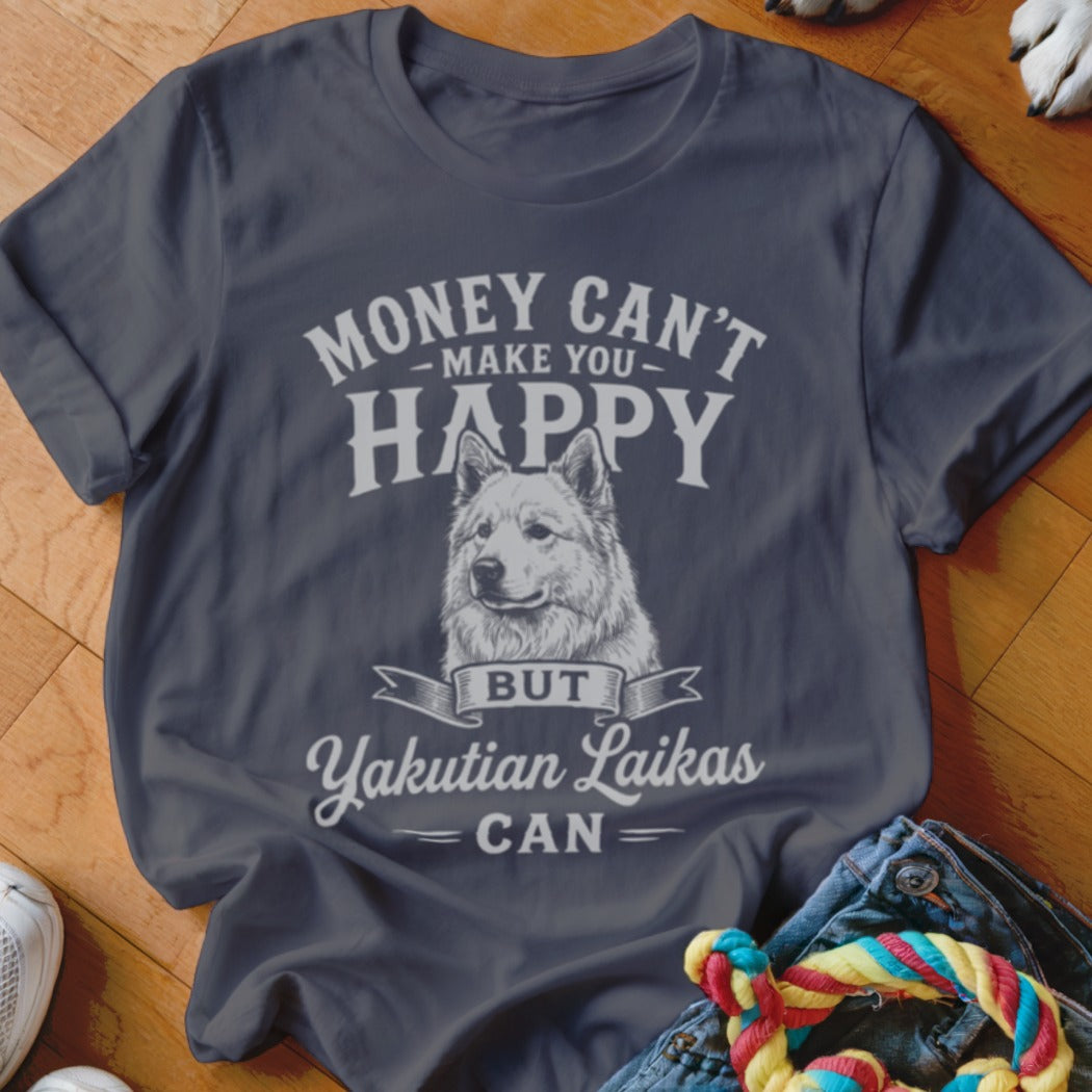 Dark gray t-shirt with "Money can't make you happy but Yakutian Laikas can" text and dog graphic.