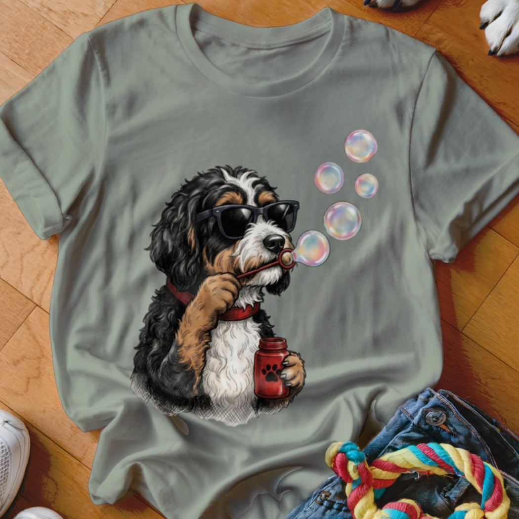 Olive green crewneck t-shirt featuring an illustration of a Bernedoodle wearing sunglasses and blowing bubbles.