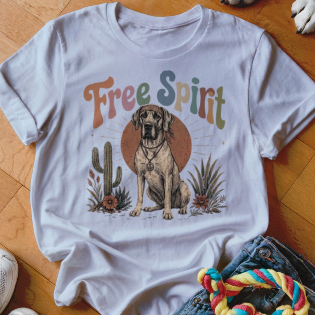 White t-shirt with "Free Spirit" text and a Great Dane dog graphic.