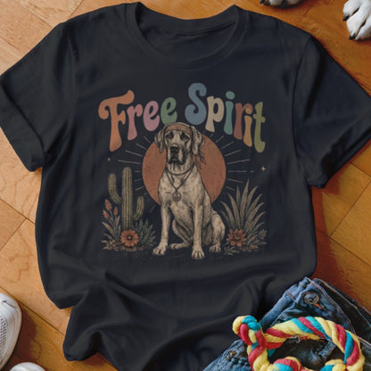 Great Dane wearing bandana and peace necklace with desert plants and sun graphic.