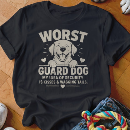 Black t-shirt with text "WORST GUARD DOG" and smiling dog.