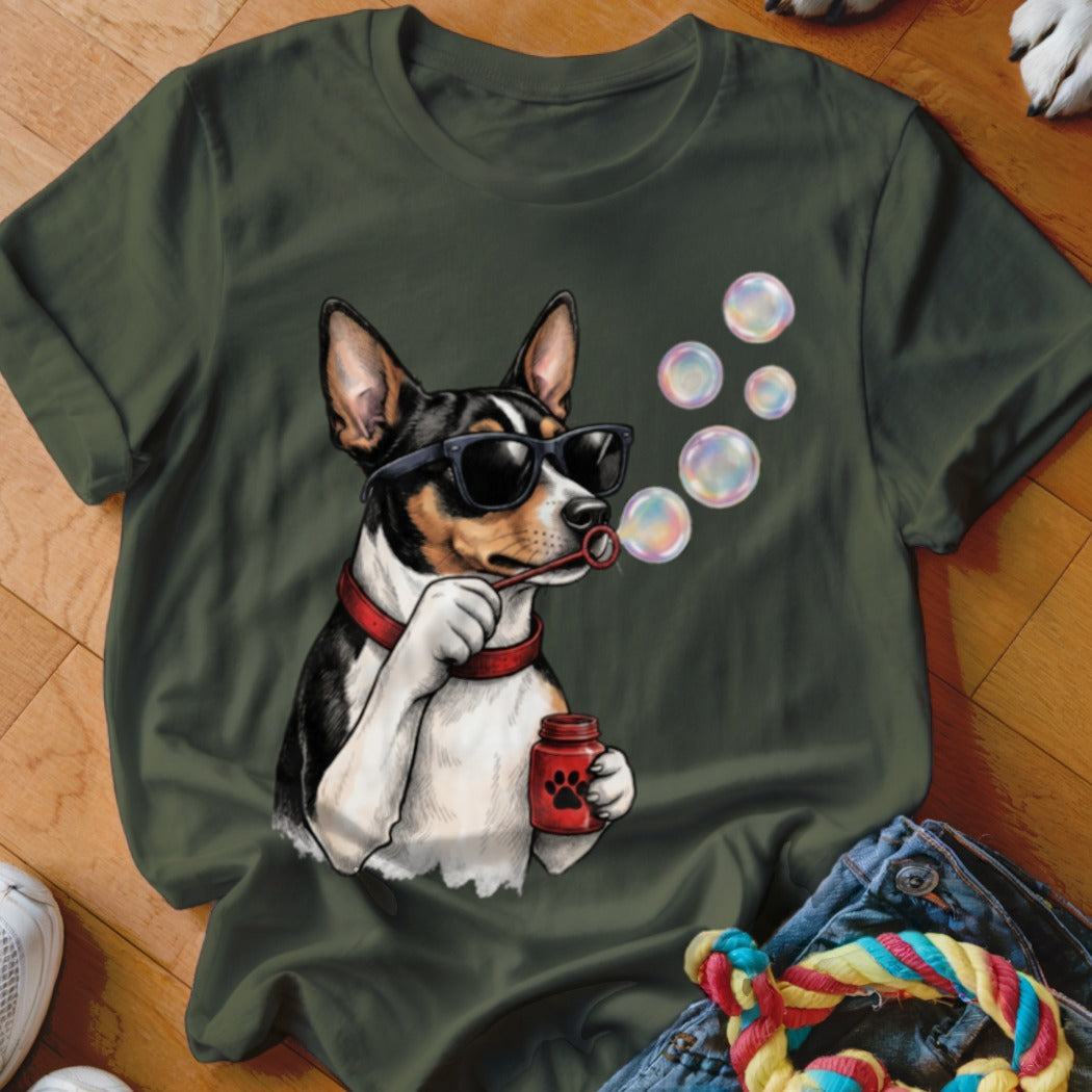 Dark green t-shirt featuring an illustration of a dog in sunglasses blowing bubbles.