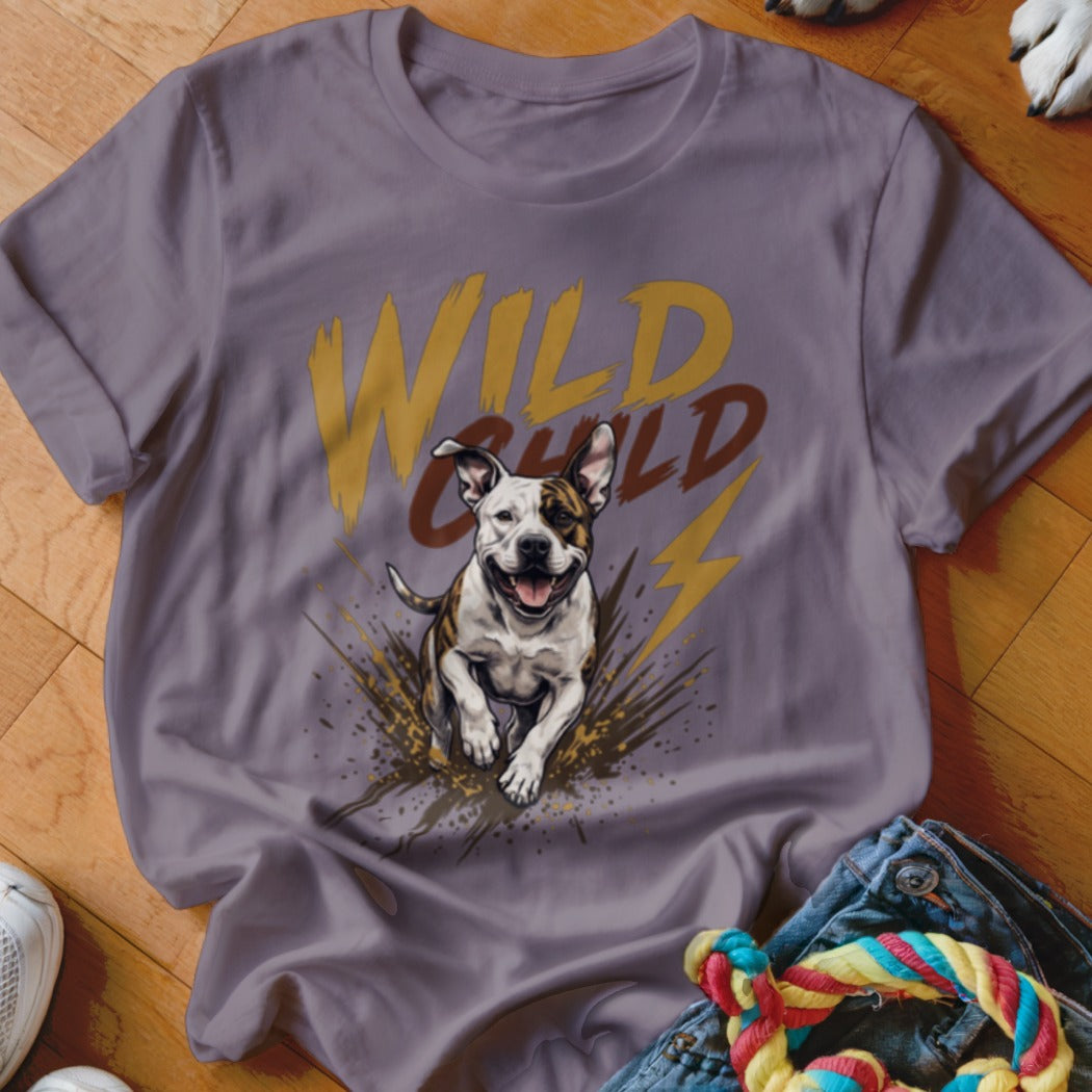 Purple crewneck t-shirt featuring a graphic of a running dog and the text Wild Child.