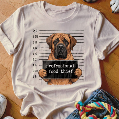 Mastiff dog in mugshot holding "professional food thief" sign on t-shirt.