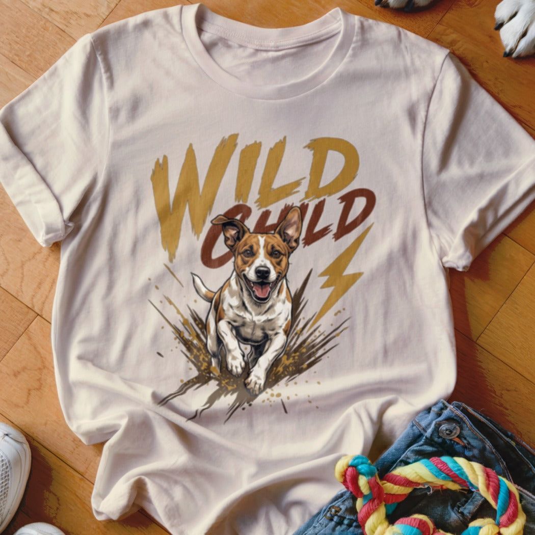 Off-white t-shirt featuring a graphic of a running dog and the text WILD CHILD.