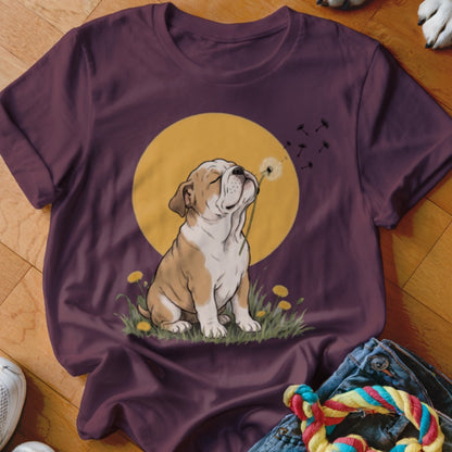 A dark purple crewneck t-shirt featuring a graphic of a puppy blowing dandelion seeds.