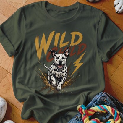 Olive green t-shirt featuring a graphic of a running Dalmatian and the text Wild Child.