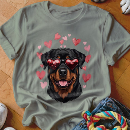 Sage green t-shirt featuring a graphic of a Rottweiler wearing heart-shaped sunglasses surrounded by floating pink hearts.