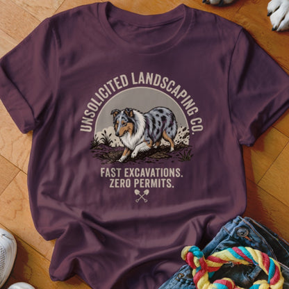 Maroon t-shirt with a blue merle dog and text: UNSOLICITED LANDSCAPING CO.
