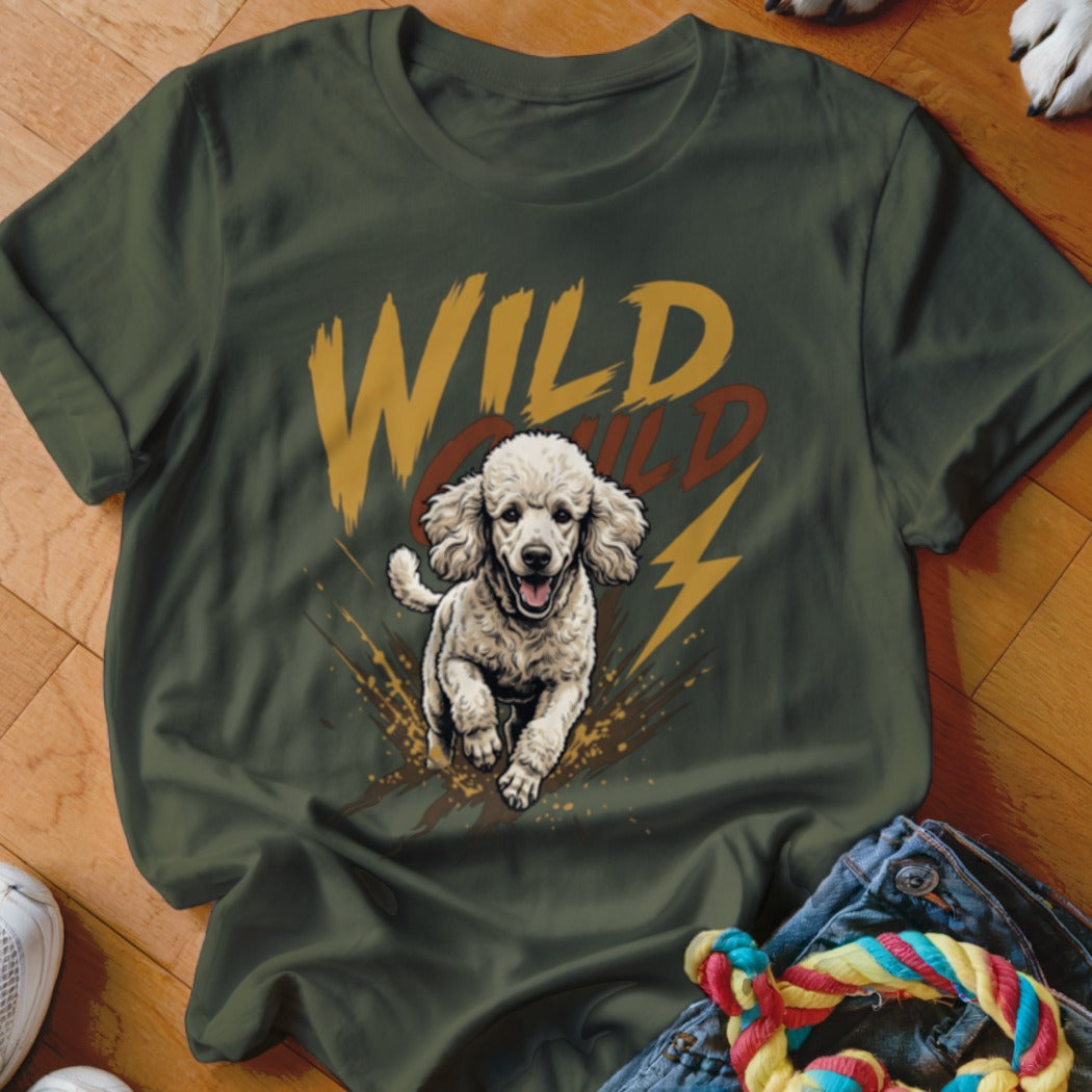 An olive green crewneck t-shirt featuring a graphic of a white poodle running with text that says Wild Child.